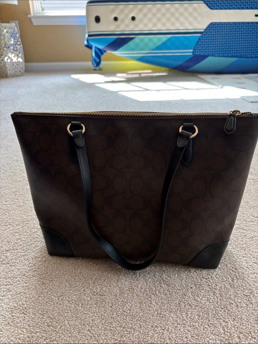 Coach Brown Signature Canvas Tote with Black Trim - Picture 2 of 7